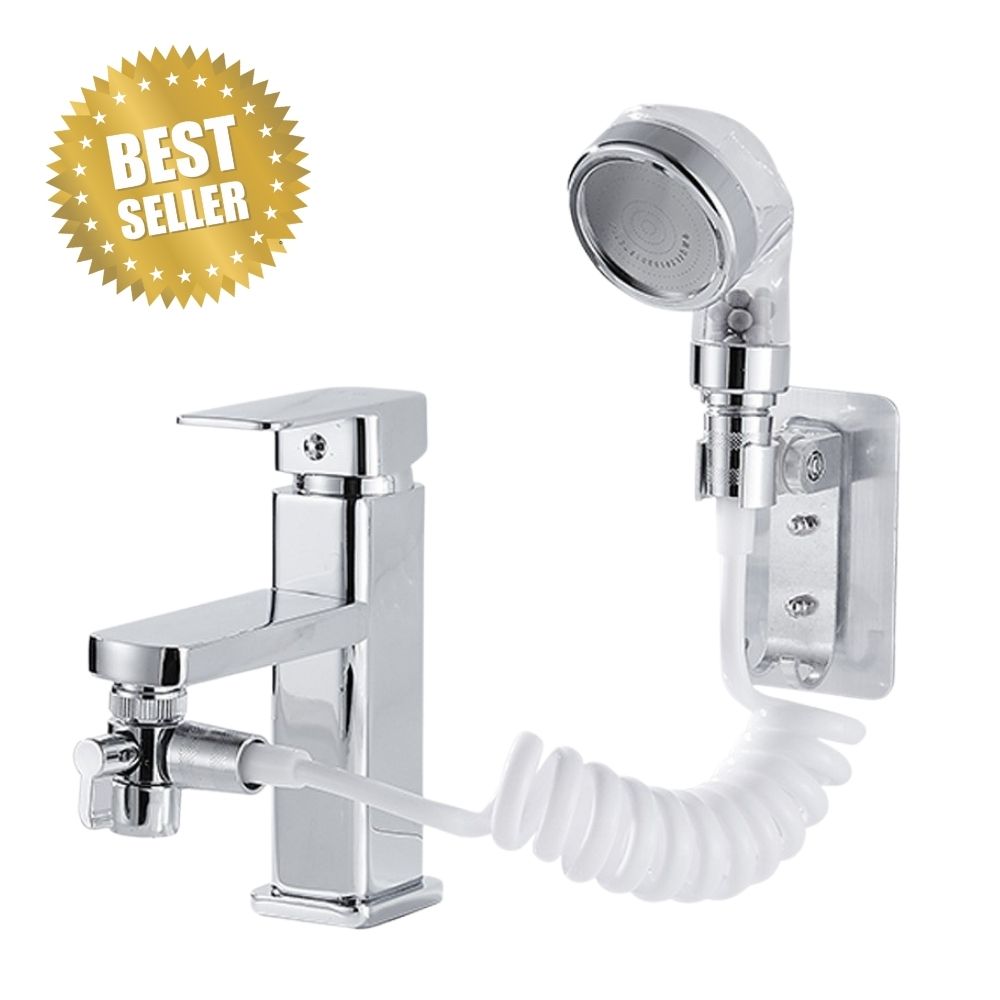 Douchette à main 2 en 1 – Double sortie d’eau + tuyau extensible / حنفية 2 في 1 مع رشاش يدوي وخرطوم قابل للتمدد – عملي وموفر للمساحة