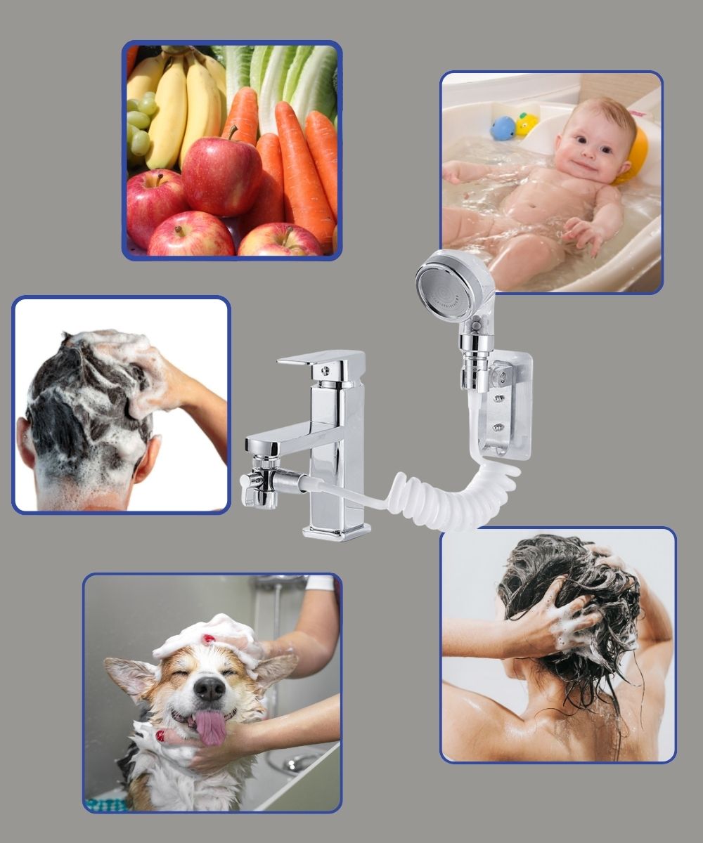 Douchette à main 2 en 1 – Double sortie d’eau + tuyau extensible / حنفية 2 في 1 مع رشاش يدوي وخرطوم قابل للتمدد – عملي وموفر للمساحة